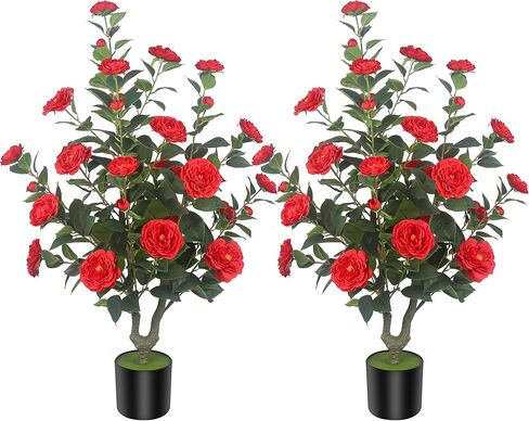 HanJoy 1pack 47.24 "/3.94FT أشجار الكاميليا الاصطناعية مع 36 زهرة بيضاء في أواني الأسمنت - أشجار وهمية نابضة بالحياة للشرفة الأمامية، المنزل، ديكور الربيع الداخلي والخارجي، المكتب أو هدايا الانتقال إلى المنزل الجديد in Saudi Arabia