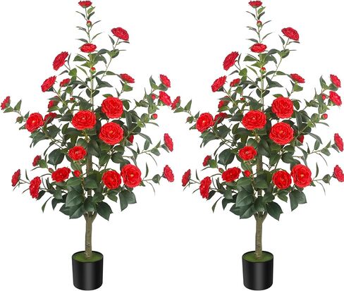 HanJoy 1pack 47.24 "/3.94FT أشجار الكاميليا الاصطناعية مع 36 زهرة بيضاء في أواني الأسمنت - أشجار وهمية نابضة بالحياة للشرفة الأمامية، المنزل، ديكور الربيع الداخلي والخارجي، المكتب أو هدايا الانتقال إلى المنزل الجديد in Saudi Arabia