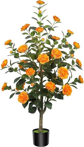 HanJoy 1pack 47.24 "/3.94FT أشجار الكاميليا الاصطناعية مع 36 زهرة بيضاء في أواني الأسمنت - أشجار وهمية نابضة بالحياة للشرفة الأمامية، المنزل، ديكور الربيع الداخلي والخارجي، المكتب أو هدايا الانتقال إلى المنزل الجديد in Saudi Arabia