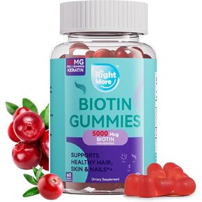 علكات البيوتين رايت مور للنساء والرجال - تدعم نمو الشعر والبشرة وقوة الأظافر - بيوتين 5000 ميكروجرام، 50 ملجم كيراتين لكل وجبة، نكهة التوت البري، 60 علكة in Kuwait