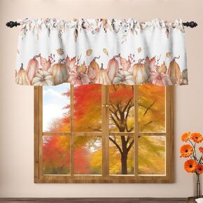 Renaiss 42 x 18 Inch Pink Pumpkin Kitchen Curtain Valance Fall Pumpkin Eucalyptus Leaves Short Curtain Rod Pocket Autumn Harvest Thanksgiving Seasonal Window Treatment for Living Room Bedroom Bathroom in Saudi Arabia