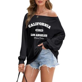 سويت شيرت Migxsaf California Los Angeles بدون أكتاف، سويت شيرت برسومات كبيرة الحجم للنساء، قمصان فضفاضة بأكمام طويلة in Kuwait
