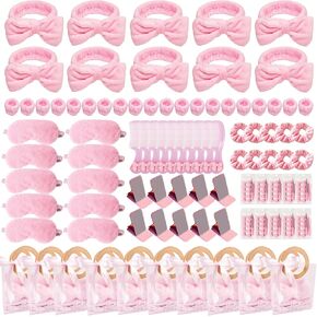 MXQHXZSX 92 Pcs Pink Spa Sleepover Party Supplies for Girls, Include Skincare Headband Set Scrunchie Eye Mask, Mirror Hair, Comb, Nail Care Gift Bags for Spa Slumber Birthday Party Favors Supplies in Saudi Arabia