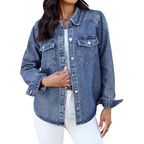 luvamia Denim Jackets for Women Trendy Long Sleeve Distressed Jean Button Down Shirts Jacket Shacket Trucker Jacket in Saudi Arabia