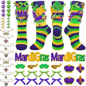 Cutecrop 40 Pcs DIY 2 Pairs of Mardi Gras Slouch Scrunch Socks 38 Charms Gift for Women Funny Purple Striped Socks Mardi Gras Charms Kit Pin Brooch Shoe Accessories for Party Women Men Adult in Kuwait