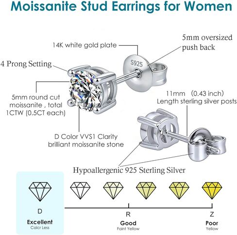 WES Moissanite Stud Earrings for Women Men - Hypoallergenic 925 Sterling Silver with 14K White Gold Plated Round Moissanite Earring in Saudi Arabia