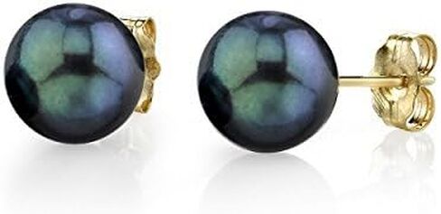 THE PEARL SOURCE 18K Gold 6-6.5mm AAA Quality Round Black Akoya Cultured Pearl Stud Earrings for Women in Saudi Arabia