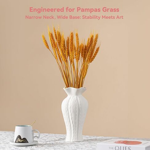 Sculptural Lily Vase - White Matte Ceramic with Ruffled Rim & Wave Texture, 10.2" Unique Flower Vase for Pampas Grass/Centerpieces, Decorative Vase for Living Room/Office, Ideal Gift for Art Lovers in Saudi Arabia