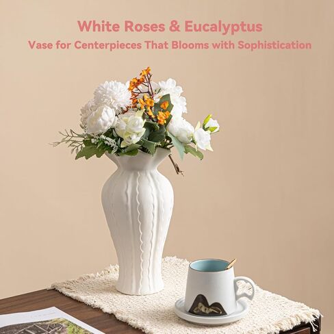 Sculptural Lily Vase - White Matte Ceramic with Ruffled Rim & Wave Texture, 10.2" Unique Flower Vase for Pampas Grass/Centerpieces, Decorative Vase for Living Room/Office, Ideal Gift for Art Lovers in Saudi Arabia