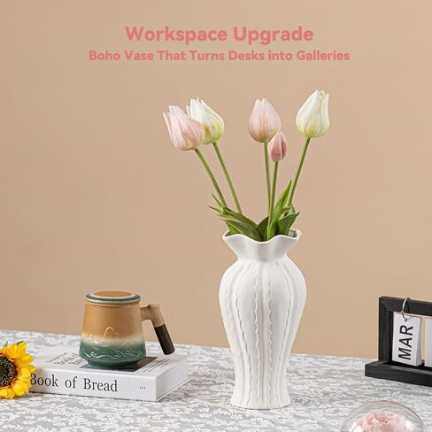 Sculptural Lily Vase - White Matte Ceramic with Ruffled Rim & Wave Texture, 10.2" Unique Flower Vase for Pampas Grass/Centerpieces, Decorative Vase for Living Room/Office, Ideal Gift for Art Lovers in Saudi Arabia