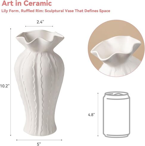 Sculptural Lily Vase - White Matte Ceramic with Ruffled Rim & Wave Texture, 10.2" Unique Flower Vase for Pampas Grass/Centerpieces, Decorative Vase for Living Room/Office, Ideal Gift for Art Lovers in Saudi Arabia
