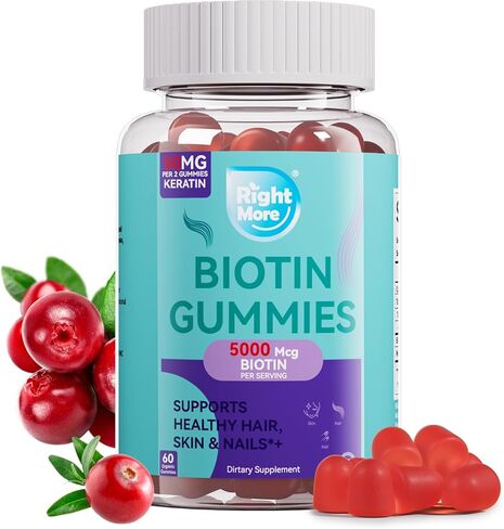 علكات البيوتين رايت مور للنساء والرجال - تدعم نمو الشعر والبشرة وقوة الأظافر - بيوتين 5000 ميكروجرام، 50 ملجم كيراتين لكل وجبة، نكهة التوت البري، 60 علكة in Kuwait