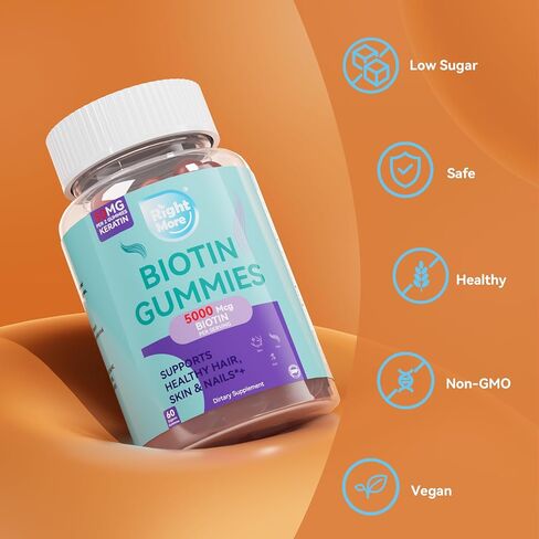 علكات البيوتين رايت مور للنساء والرجال - تدعم نمو الشعر والبشرة وقوة الأظافر - بيوتين 5000 ميكروجرام، 50 ملجم كيراتين لكل وجبة، نكهة التوت البري، 60 علكة in Kuwait