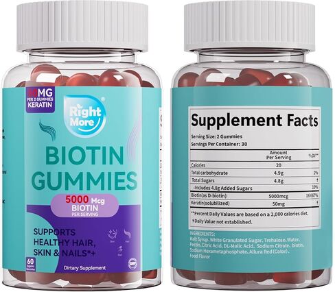 علكات البيوتين رايت مور للنساء والرجال - تدعم نمو الشعر والبشرة وقوة الأظافر - بيوتين 5000 ميكروجرام، 50 ملجم كيراتين لكل وجبة، نكهة التوت البري، 60 علكة in Kuwait