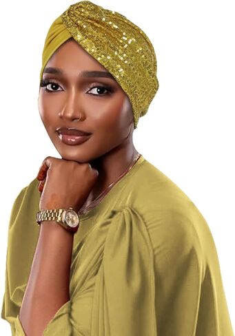 Sequined Turban Head Wrap, Gold Glitter Evening Headpiece, Stretch Fabric,Hats Used to Cover The Hair of Cancer Patients in Saudi Arabia