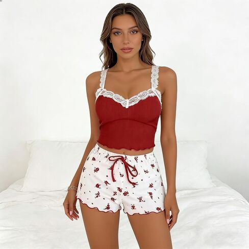 Women's Lace Ribbed Knitted Camisole Shorts Pajama Set With Cute Floral Pattern, Soft Comfort, Best Gift For Wife, Girlfriend in Saudi Arabia