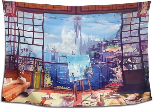 نسيج NAVNAWM الياباني Anime Cityscape، فن معلق على الحائط، أزرق وردي، 99 × 59 بوصة، ديكور غرفة النوم in Saudi Arabia