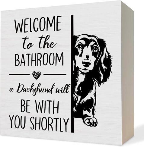 ATBWGT Funny Dachshund Bathroom Wooden Box Sign, Weiner Dog Bathroom Decor, Dachshund Wood Block Plaque Signs for Bath Room Toilet Restroom Desk Table Shelf Decor, 5x5 Inch in Saudi Arabia