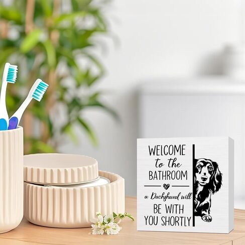 ATBWGT Funny Dachshund Bathroom Wooden Box Sign, Weiner Dog Bathroom Decor, Dachshund Wood Block Plaque Signs for Bath Room Toilet Restroom Desk Table Shelf Decor, 5x5 Inch in Saudi Arabia