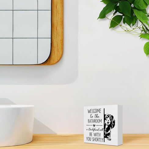 ATBWGT Funny Dachshund Bathroom Wooden Box Sign, Weiner Dog Bathroom Decor, Dachshund Wood Block Plaque Signs for Bath Room Toilet Restroom Desk Table Shelf Decor, 5x5 Inch in Saudi Arabia