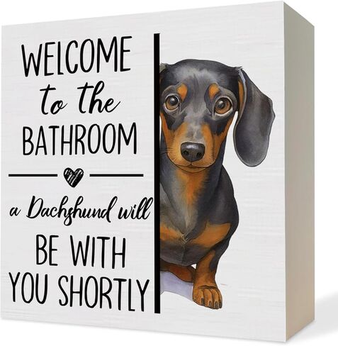ATBWGT Funny Dachshund Bathroom Wooden Box Sign, Weiner Dog Bathroom Decor, Dachshund Wood Block Plaque Signs for Bath Room Toilet Restroom Desk Table Shelf Decor, 5x5 Inch in Saudi Arabia