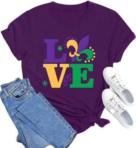 MAIHUN Happy Mardi Gras Shirt Womens Mardi Gras Day Heart Tshirt Tuesday Carnival Tee New Orleans Party Short Sleeve in Kuwait