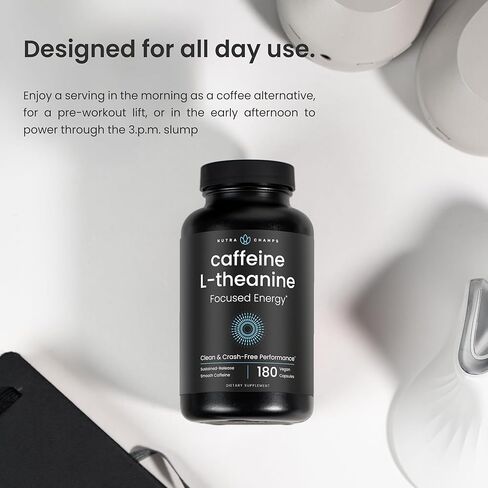 Caffeine Pills with L-Theanine - 180 Energy Pills for Women & Men - Clean & Long-Lasting Focused Energy - Sustained Release 100mg Caffeine + 200mg L Theanine - No Crash Capsules, Vegan Supplement in Saudi Arabia
