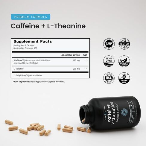 Caffeine Pills with L-Theanine - 180 Energy Pills for Women & Men - Clean & Long-Lasting Focused Energy - Sustained Release 100mg Caffeine + 200mg L Theanine - No Crash Capsules, Vegan Supplement in Saudi Arabia