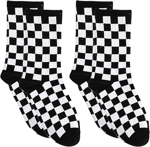 2 Pairs Fashion Harajuku Trends Checkerboard Socks, Black & White Geometric Checkered Socks, Hip Hop Cotton Print Skateboard Sock,Novelty Streetwear (Fits Sizes 7-8) in Saudi Arabia