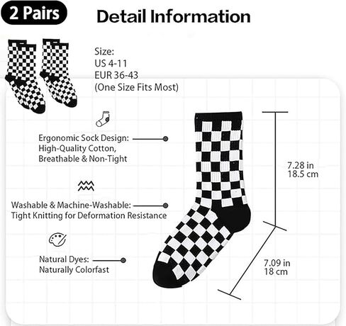 2 Pairs Fashion Harajuku Trends Checkerboard Socks, Black & White Geometric Checkered Socks, Hip Hop Cotton Print Skateboard Sock,Novelty Streetwear (Fits Sizes 7-8) in Saudi Arabia