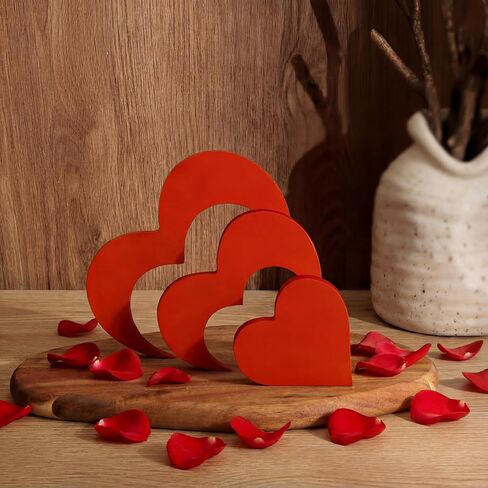 Blulu 3 Pieces Valentine's Day Heart Table Centerpiece Wooden Heart Shape Table Decoration Love Wood Decor Rustic Valentine Decorations for Home Tabletop Kitchen Bedroom Decor(Fresh Red) in Saudi Arabia