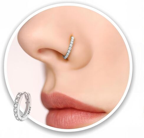 LUCKYJEWUS 925 Sterling Silver Clicker Nose Ring Hoop for Women & Men, 20G 5mm 6mm 7mm 8mm 9mm Small CZ Diamond Hinged Nose Piercing Jewelry, Hypoallergenic & Lightweight in Kuwait