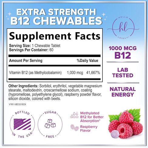Hello Lovely! B 12 Vitamin Chewables 1000 mcg - B12 Complex with Heart & Nerve Energy Health Support - Vitamin B-12 Complex for Adults with Immune Health Support - Bottled in USA - 60 Chewables in Saudi Arabia