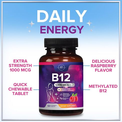 Hello Lovely! B 12 Vitamin Chewables 1000 mcg - B12 Complex with Heart & Nerve Energy Health Support - Vitamin B-12 Complex for Adults with Immune Health Support - Bottled in USA - 60 Chewables in Saudi Arabia