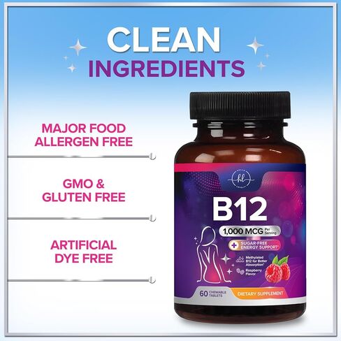 Hello Lovely! B 12 Vitamin Chewables 1000 mcg - B12 Complex with Heart & Nerve Energy Health Support - Vitamin B-12 Complex for Adults with Immune Health Support - Bottled in USA - 60 Chewables in Saudi Arabia