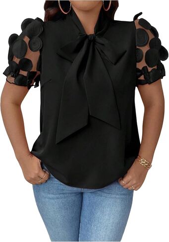 SHENHE Women's Plus Size Bow Tie Neck Blouse Mesh Short Sleeve Dressy Casual Business Work Top in Saudi Arabia
