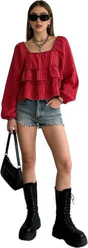 GORGLITTER Women's Gingham Peplum Tops Tiered Ruffle Plaid Bishop Long Sleeve Blouses Dressy Cute Flowy Babydoll Shirt in Saudi Arabia