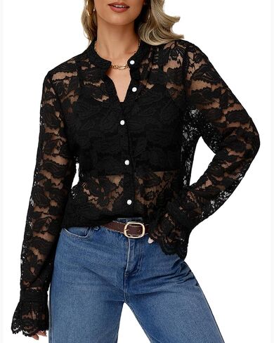 Simlakey بلوزة دانتيل بأكمام طويلة للنساء، قميص أنيق بأزرار سفلية، رقبة دائرية، ملابس عمل كاجوال أنيقة in Kuwait