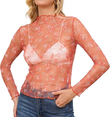 Mesh Long Sleeve Blouses, Embroidery Sheer Tops for Women, Lace See Through Top with Mock Neck in Saudi Arabia