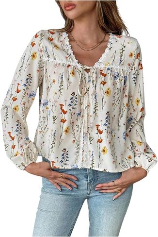 SHENHE Women's Lantern Sleeve Blouse Tie Front V Neck Business Casual Dressy Going Out Top in Saudi Arabia