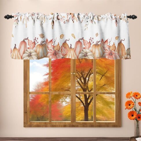 Renaiss 42 x 18 Inch Pink Pumpkin Kitchen Curtain Valance Fall Pumpkin Eucalyptus Leaves Short Curtain Rod Pocket Autumn Harvest Thanksgiving Seasonal Window Treatment for Living Room Bedroom Bathroom in Saudi Arabia