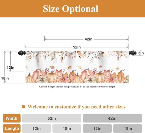 Renaiss 42 x 18 Inch Pink Pumpkin Kitchen Curtain Valance Fall Pumpkin Eucalyptus Leaves Short Curtain Rod Pocket Autumn Harvest Thanksgiving Seasonal Window Treatment for Living Room Bedroom Bathroom in Saudi Arabia