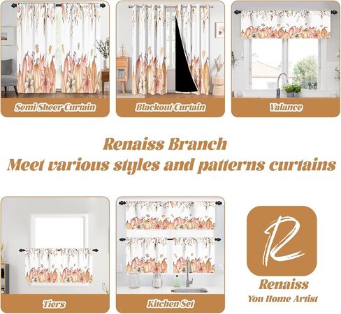 Renaiss 42 x 18 Inch Pink Pumpkin Kitchen Curtain Valance Fall Pumpkin Eucalyptus Leaves Short Curtain Rod Pocket Autumn Harvest Thanksgiving Seasonal Window Treatment for Living Room Bedroom Bathroom in Saudi Arabia