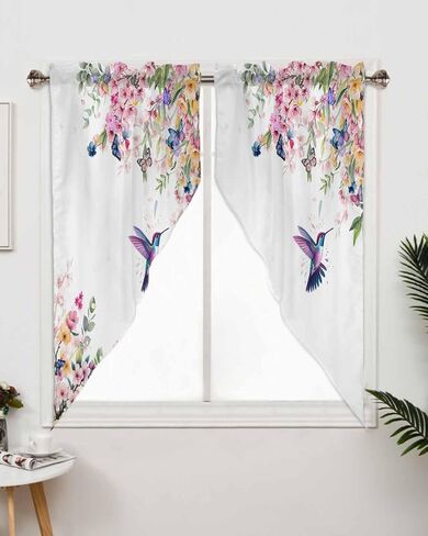 Flower Swag Valance Curtain,Watercolor Cherry Blossom Swag Curtains Rod Pocket Valances for Windows,Hummingbird Floral on White Swag Topper Kitchen Valance for Bedroom/Living Room/Bathroom in Saudi Arabia