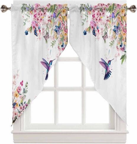 Flower Swag Valance Curtain,Watercolor Cherry Blossom Swag Curtains Rod Pocket Valances for Windows,Hummingbird Floral on White Swag Topper Kitchen Valance for Bedroom/Living Room/Bathroom in Saudi Arabia