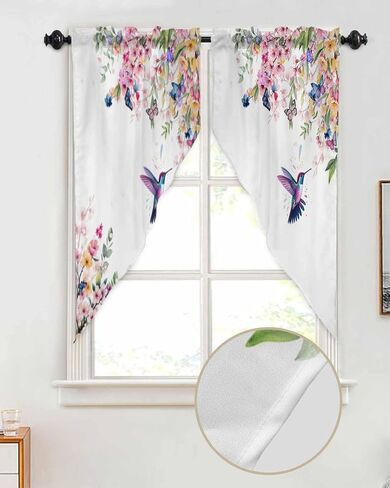 Flower Swag Valance Curtain,Watercolor Cherry Blossom Swag Curtains Rod Pocket Valances for Windows,Hummingbird Floral on White Swag Topper Kitchen Valance for Bedroom/Living Room/Bathroom in Saudi Arabia