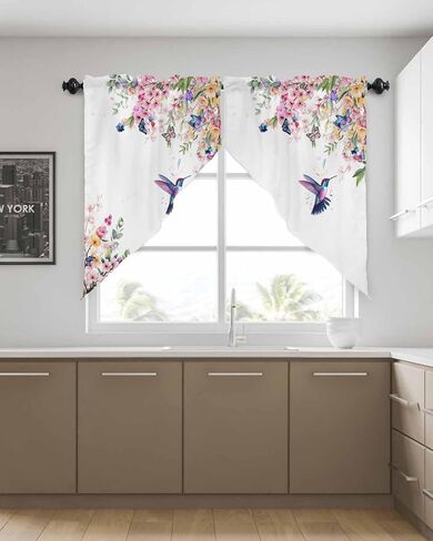 Flower Swag Valance Curtain,Watercolor Cherry Blossom Swag Curtains Rod Pocket Valances for Windows,Hummingbird Floral on White Swag Topper Kitchen Valance for Bedroom/Living Room/Bathroom in Saudi Arabia