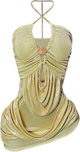 winkbay Women's Ruched Halter Mini Dress Summer Chain Cut Out Bodycon Asymmetrical Party Club Dresses in Saudi Arabia