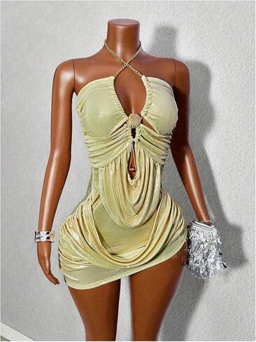 فستان Winkbay النسائي ذو الرسن المكشكش القصير للصيف بسلسلة مقصوصة من Bodycon غير متماثلة للحفلات والنوادي in Kuwait