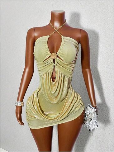 فستان Winkbay النسائي ذو الرسن المكشكش القصير للصيف بسلسلة مقصوصة من Bodycon غير متماثلة للحفلات والنوادي in Kuwait